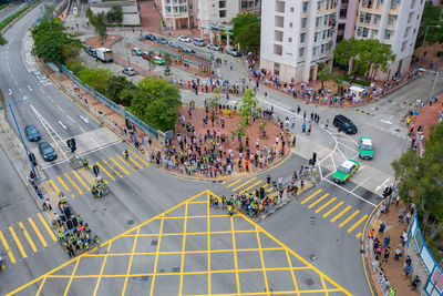 High angle view of people on street