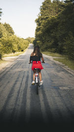 Rear view of woman riding bicycle on road