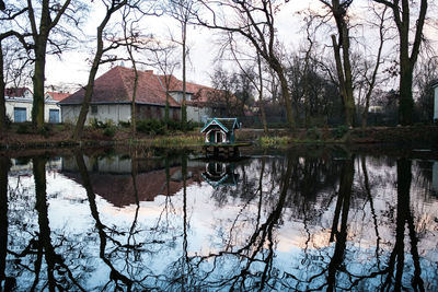Reflection of bare trees in lake against sky