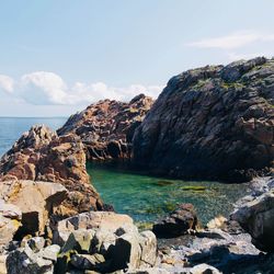 Rocks on shore by sea against sky