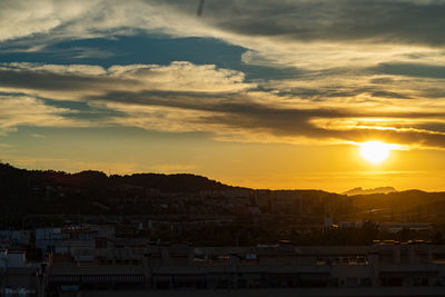 High angle view of townscape against sky during sunset