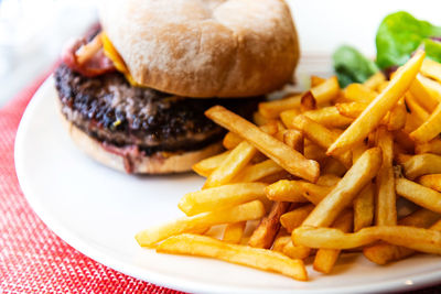 Close-up of burger and french fries in plate