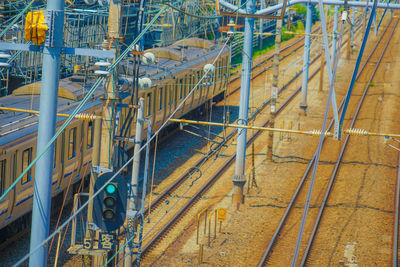 High angle view of yellow and bridge in city