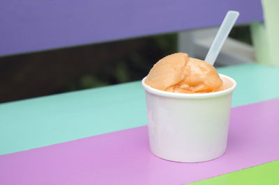 Close-up of ice cream on table