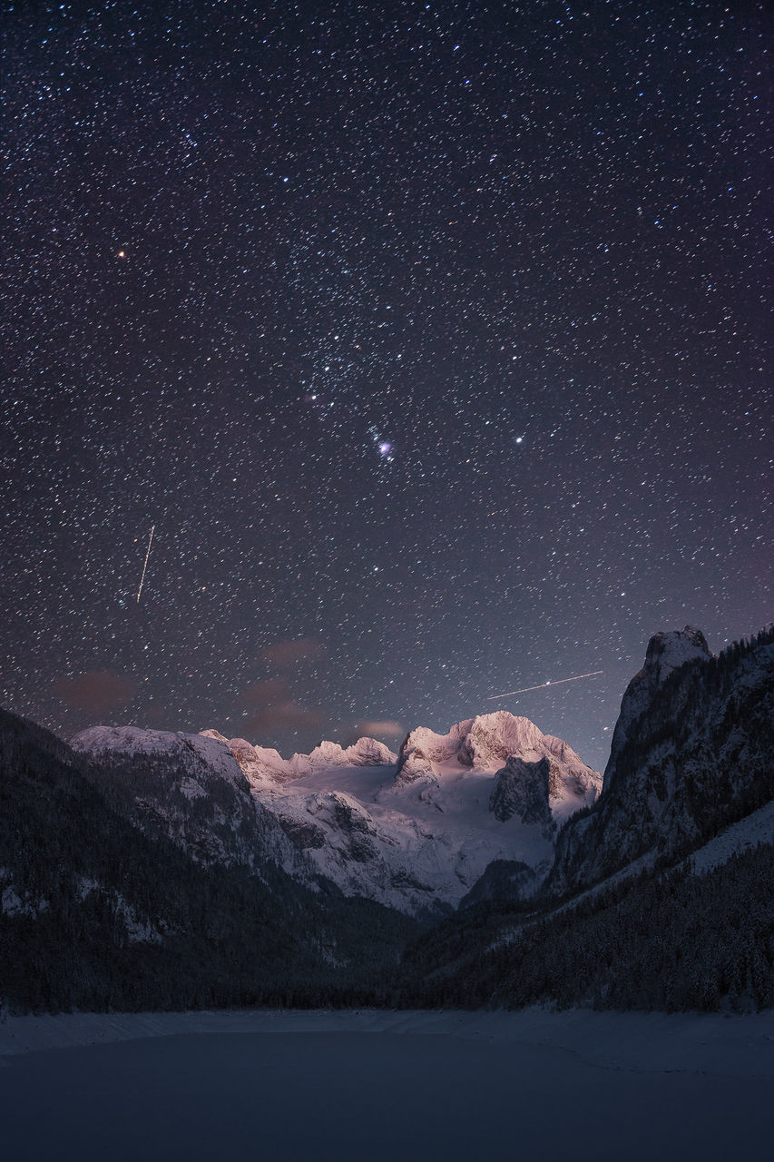 star - space, mountain, scenics - nature, beauty in nature, night, space, astronomy, sky, snow, tranquil scene, tranquility, winter, cold temperature, galaxy, mountain range, no people, nature, idyllic, snowcapped mountain, outdoors, milky way, mountain peak