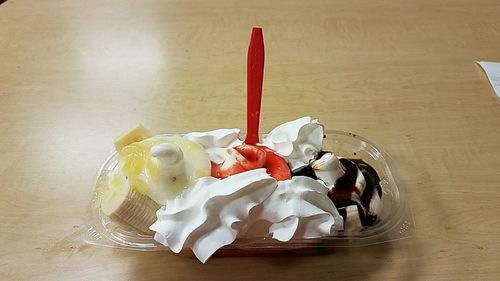 High angle view of ice cream on table