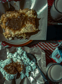 High angle view of dessert in plate on table