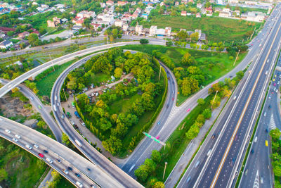 High angle view of vehicles on road in city