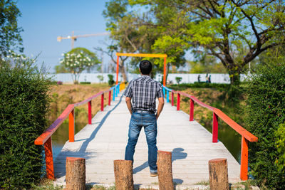 Rear view of man standing on footbridge at park