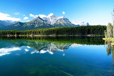 Scenic view of lake and mountains against blue sky