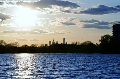 Scenic view of river against sky at sunset