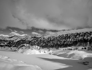 Scenic view of snow covered mountains against sky