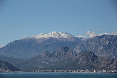 Scenic view of sea and snowcapped mountains against sky