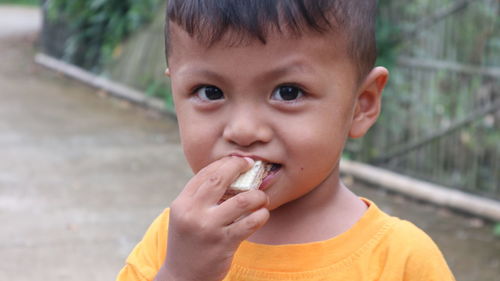 Portrait of cute boy holding eating a wafer outdoors