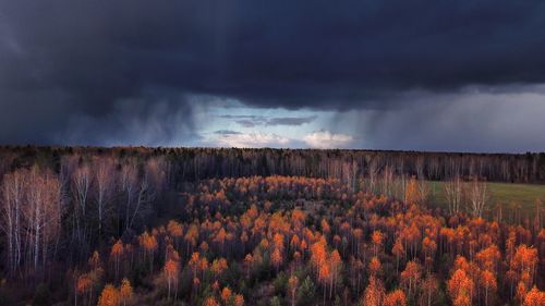 Scenic view of dramatic sky over field