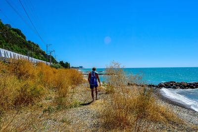 Rear view of man walking by sea against clear blue sky
