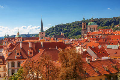 High angle view of buildings in city
