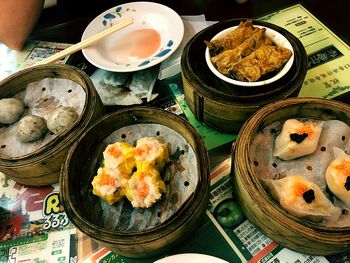 High angle view of various food on table