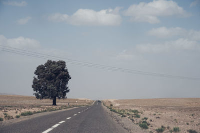 Road amidst trees on field against sky