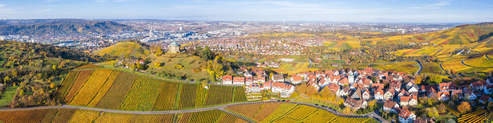 High angle view of townscape against sky during autumn