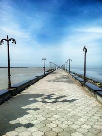 Surface level of pier against calm blue sea