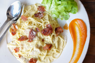 High angle view of breakfast served on table