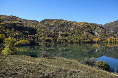 Scenic view of lake against clear blue sky