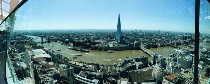 High angle view of modern buildings in city