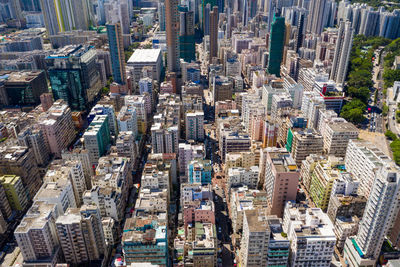 High angle view of modern buildings in city