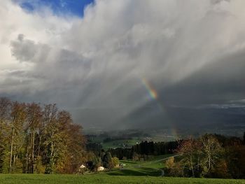 Scenic view of field against rainbow in sky