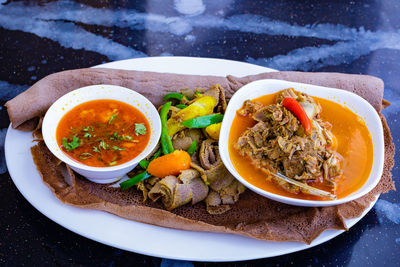 High angle view of food in plate