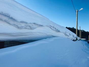 Scenic view of snow covered mountains against blue sky