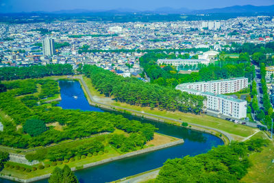 High angle view of townscape against sky