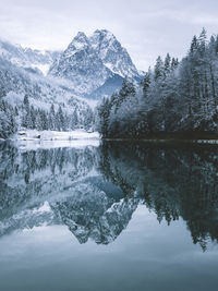 Scenic view of lake by snowcapped mountains against sky