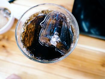 High angle view of beer glass on table