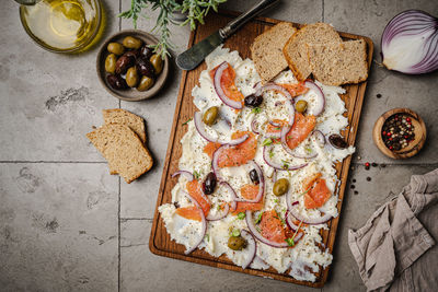 High angle view of food on table