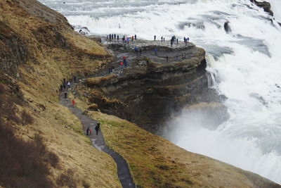 High angle view of cliff by sea at gullfoss waterfall iceland