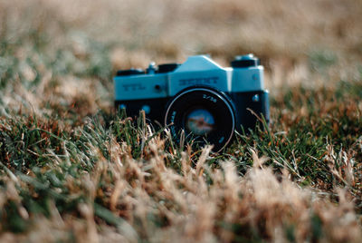 Close-up of toy car on field