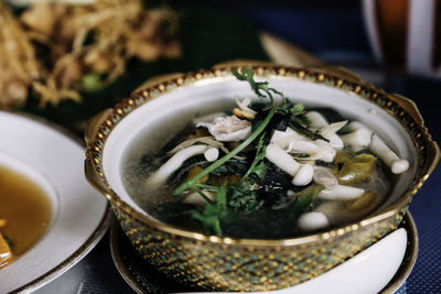 Close-up of soup in bowl on table