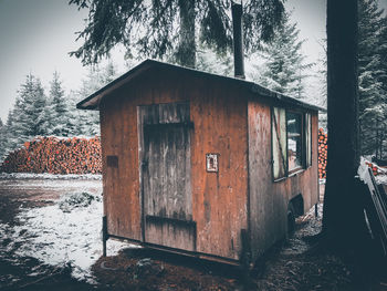 Built structure on snow covered field against sky