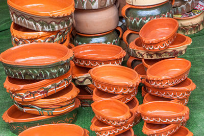 High angle view of earthenware for sale at market stall