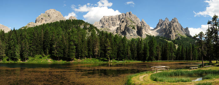 Panoramic view of lake and mountains against sky