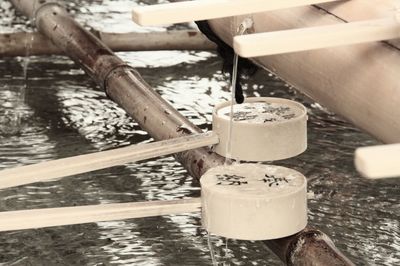 High angle view of bamboo dipper water fountain at japanese garden