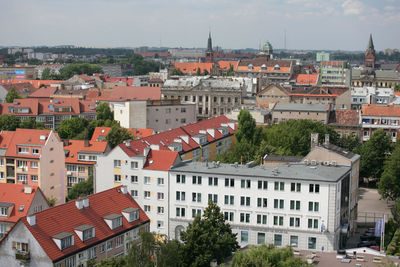 High angle view of residential district against sky