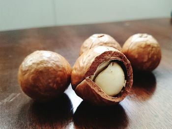 Close-up of macadamia nuts on table