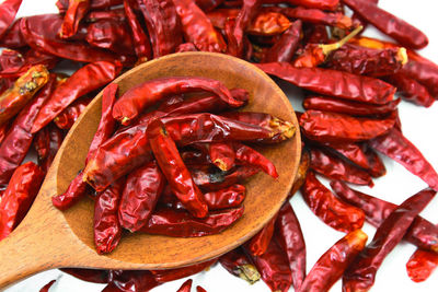 High angle view of red chili peppers in plate