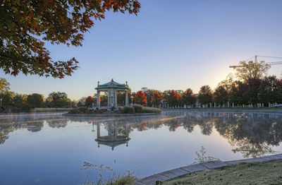 Scenic view of lake by building against clear sky