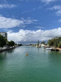 Scenic view of river by buildings against sky