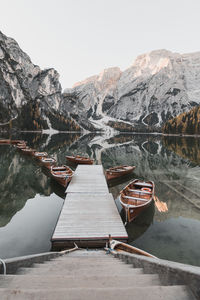 Scenic view of lake by snowcapped mountains against sky