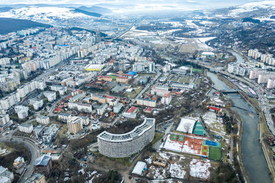 Aerial urban landscape, houses and flat of blocks. above view of cluj napoca, city, romania